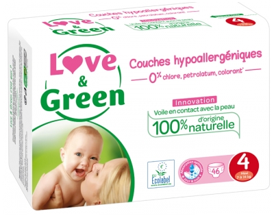 Love & Green Couches Hypoallergéniques 46 Couches Taille 4 (7-14 kg) Love & Green Couches Hypoallergéniques 46 Couches Taille 4 (7-14 kg)