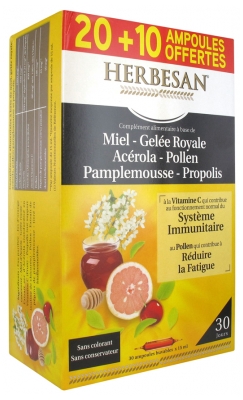 Herbesan Miel Gelée Royale Acérola Pollen Pamplemousse Propolis 20 Ampoules + 10 Offertes Herbesan Miel Gelée Royale Acérola Pollen Pamplemousse Propolis 20 Ampoules + 10 Offertes