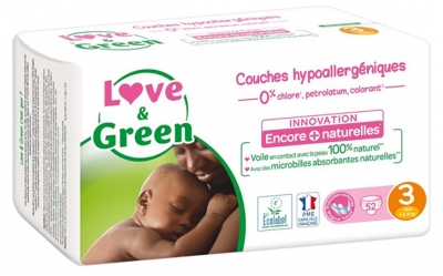 Love & Green Couches Hypoallergéniques 52 Couches Taille 3 (4-9 kg) Love & Green Couches Hypoallergéniques 52 Couches Taille 3 (4-9 kg)
