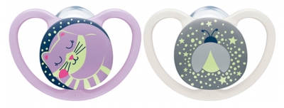 NUK Space Night 2 Silicone Soothers 0-6 Months - Colour: Violet/Grey
