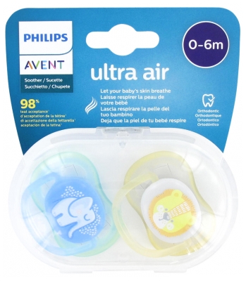 Avent Ultra Air 2 Kieferorthopädische Schnuller 0-6 Monate - Farbe: Elefant und Löwe Avent Ultra Air 2 Kieferorthopädische Schnuller 0-6 Monate - Farbe: Elefant und Löwe