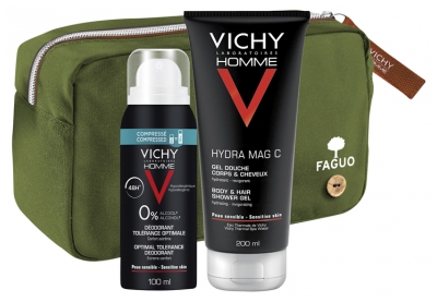 Vichy Homme Kit Essentiel + Trousse FAGUO Verte Offerte Vichy Homme Kit Essentiel + Trousse FAGUO Verte Offerte