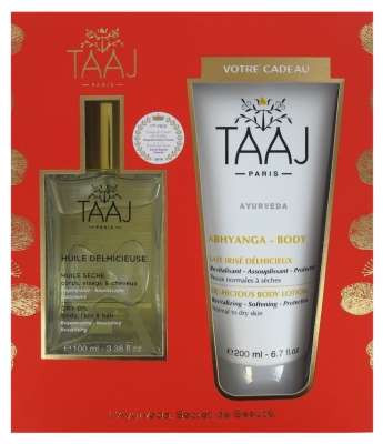 Taaj Abhyanga Öl Delhicieux Trockenöl 100 ml + Irisierende Milch Delhicieux 200 ml Geschenkt Taaj Abhyanga Öl Delhicieux Trockenöl 100 ml + Irisierende Milch Delhicieux 200 ml Geschenkt