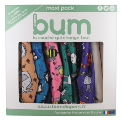 Bum Diapers Maxi Pack 6 Washable Animal Diapers + 12 Inserts From 0 to 3 Years old