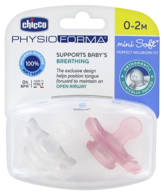 Chicco Physio Forma Mini Soft 2 Sucettes Silicone 0-2 Mois - Couleur : Transparent blanc et Rose