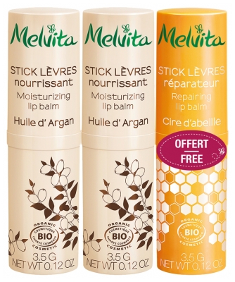 Melvita Stick Lèvres Nourrissant Bio Lot de 2 x 3,5 g + Stick Lèvres Réparateur Bio 3,5 g Offert