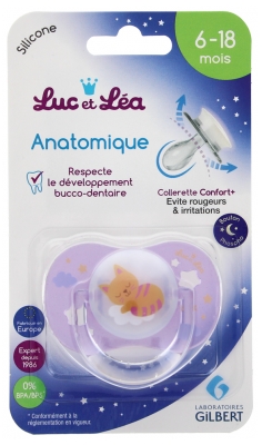 Luc et Léa Anatomical Silicone Soother with Ring + 6 Months Special Night - Model: Cat