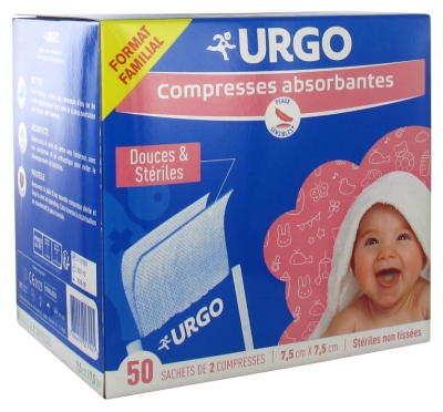 Urgo Compresses Absorbantes Douces & Stériles Non Tissées 7,5 cm x 7,5 cm 50 Sachets de 2 Compresses