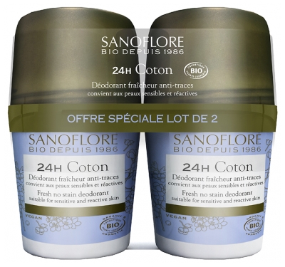 Sanoflore 24H Coton Déodorant Fraîcheur Anti-Traces Roll-On Bio Lot de 2 x 50 ml