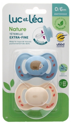 Luc et Léa Nature 2 Anatomical Soothers Extra-Thin Nipples 0-6 Months - Model: Blue Hedgehog and Beige