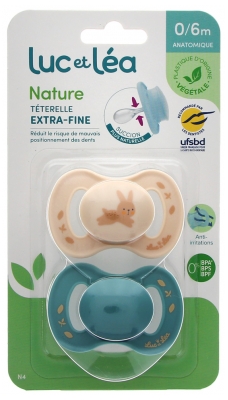Luc et Léa Nature 2 Anatomical Soothers Extra-Thin Nipples 0-6 Months - Model: Beige Rabbit and Blue