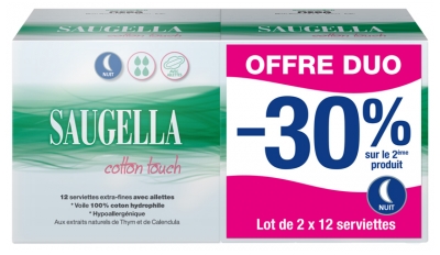 Saugella Cotton Touch Nuit Lot de 2 x 12 Serviettes Extra-Fines avec Ailettes