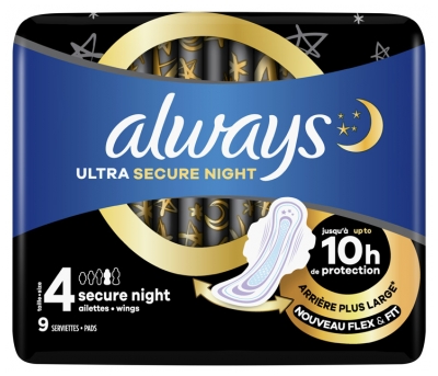 Always Ultra Secure Night 9 Serviettes Taille 4