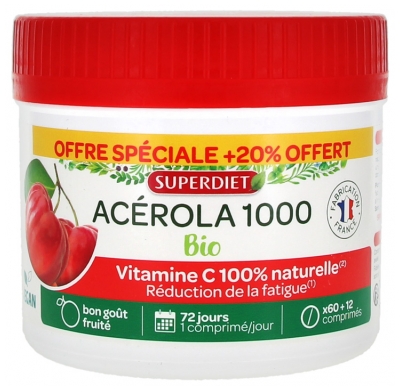Superdiet Acérola 1000 Bio 60 Comprimés Sécables à Croquer + 12 Comprimés Offerts