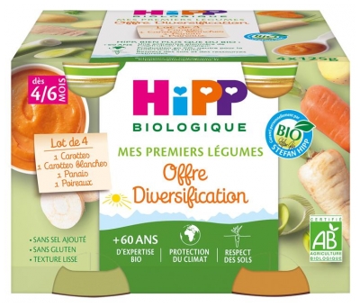 HiPP Mes Premiers Légumes Diversification dès 4/6 Mois Bio 4 Pots - Saveur : Carottes, Carottes blanches, Panais, Poireaux (à consommer de préférence avant fin 04/2024)