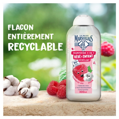 Le Petit Marseillais Shampoing Démêlant 2en1 Bébé & Enfant Framboise Coton 300 ml