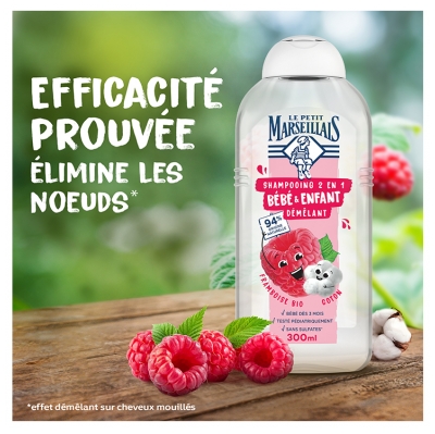 Le Petit Marseillais Shampoing Démêlant 2en1 Bébé & Enfant Framboise Coton 300 ml