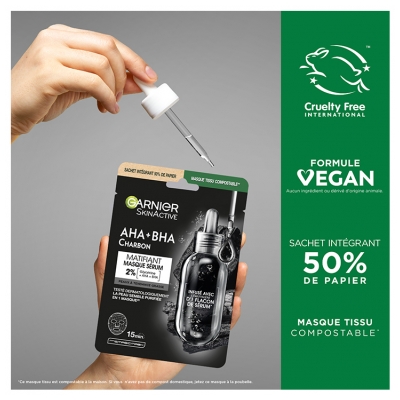 Garnier SkinActive AHA + BHA Charbon Masque en Tissu Sérum Matifiant 28 ml