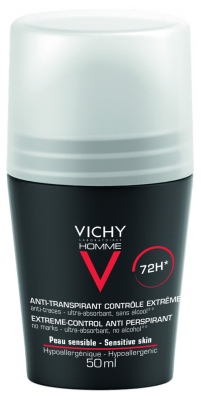 Vichy Homme Déodorant Anti-Transpirant 72H Contrôle Extrême Roll-On Lot de 2 x 50 ml