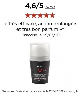 Vichy Homme Déodorant Anti-Transpirant 72H Contrôle Extrême Roll-On Lot de 2 x 50 ml