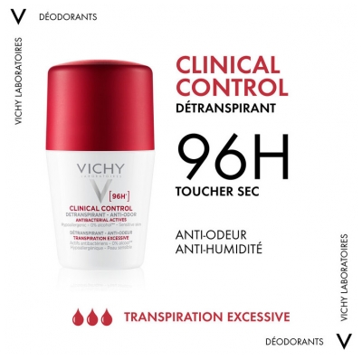 Vichy Déodorant 96H Clinical Control Détranspirant Anti-Odeur Roll-On Lot de 2 x 50 ml