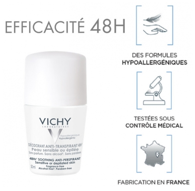 Vichy Déodorant Anti-Transpirant 48H Peaux Sensibles ou Epilées Roll-On Lot de 2 x 50 ml