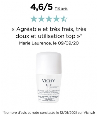 Vichy Déodorant Anti-Transpirant 48H Peaux Sensibles ou Epilées Roll-On Lot de 2 x 50 ml