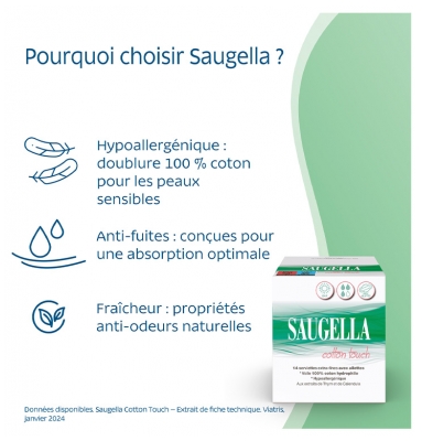 Saugella Cotton Touch Jour 14 Serviettes Extra-Fines avec Ailettes