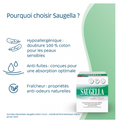 Saugella Cotton Touch Jour Lot de 2 x 14 Serviettes Extra-Fines avec Ailettes