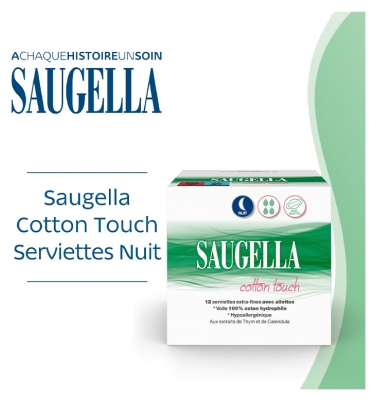 Saugella Cotton Touch Nuit 12 Serviettes Extra-Fines avec Ailettes