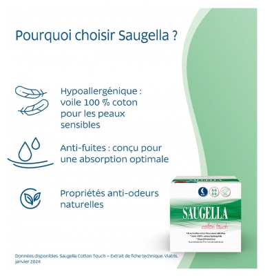 Saugella Cotton Touch Nuit 12 Serviettes Extra-Fines avec Ailettes