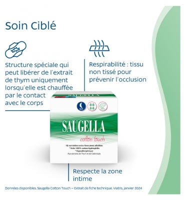 Saugella Cotton Touch Nuit 12 Serviettes Extra-Fines avec Ailettes
