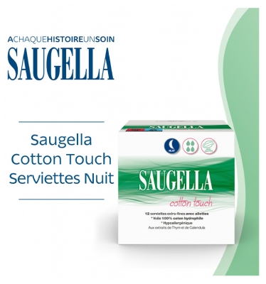 Saugella Cotton Touch Nuit Lot de 2 x 12 Serviettes Extra-Fines avec Ailettes