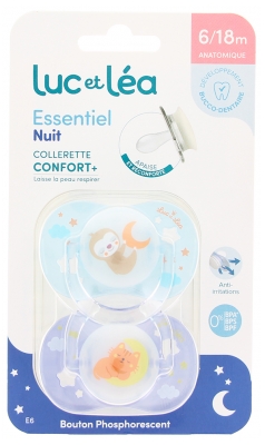 Luc et Léa Essentiel Nuit 2 Soothers Anatomiques Collerette Confort + 6-18 Mois Luc et Léa Essentiel Nuit 2 Soothers Anatomiques Collerette Confort + 6-18 Mois