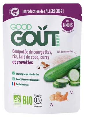 Good Goût Compotée de Courgettes, Riz, Lait de Coco, Curry et Crevettes From 8 Months Organic 190 g Good Goût Compotée de Courgettes, Riz, Lait de Coco, Curry et Crevettes From 8 Months Organic 190 g