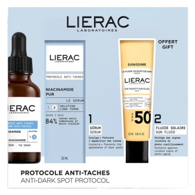 Lierac Protocole Sérum Anti-Spots Niacinamide Pur 30 ml + Sunissime Le Fluide Velouté Solaire Visage SPF50+ 25 ml Offert Lierac Protocole Sérum Anti-Spots Niacinamide Pur 30 ml + Sunissime Le Fluide Velouté Solaire Visage SPF50+ 25 ml Offert