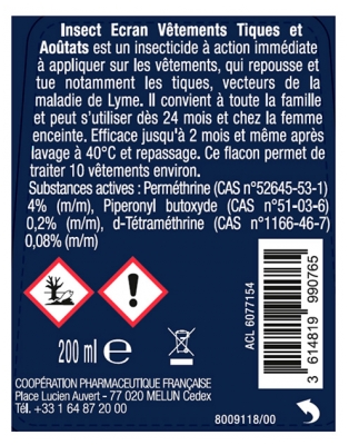 Insect Ecran Vêtements Spray Insecticide Tiques et Aoûtats 200 ml