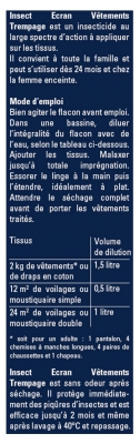 Insect Ecran Vêtements Concentré Insecticide Trempage 200 ml