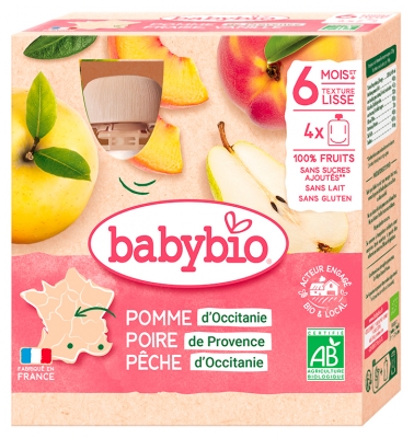 Babybio Apple Pear Peach 6 Miesięcy i Więcej Organic 4 x 90g Bottles Babybio Apple Pear Peach 6 Miesięcy i Więcej Organic 4 x 90g Bottles