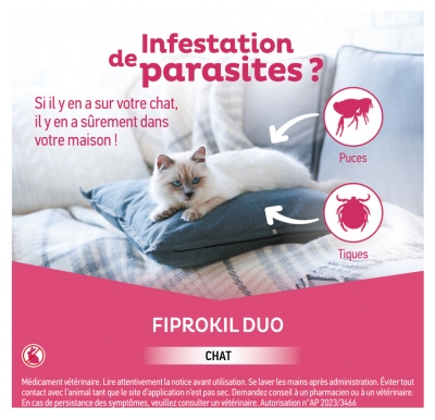 Clément Thékan Fiprokil 50 mg/60 mg Duo Antiparasitaire Chat 1 à 12 kg 4 Pipettes