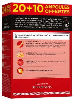Herbesan Panax Ginseng CA Meyer Gelée Royale Vitamine C Acérola 20 Ampoules + 10 Ampoules Offertes