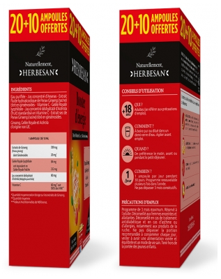 Herbesan Panax Ginseng CA Meyer Gelée Royale Vitamine C Acérola 20 Ampoules + 10 Ampoules Offertes