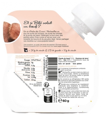 Popote Organic Le Boeuf Purée z Tykwy od 4/6 Miesiąca 60 g