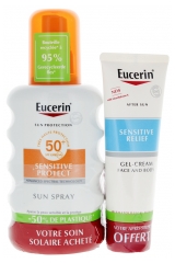 Eucerin Zonbescherming Sensitive Protect Zonnespray SPF50+ 200 ml + Verlichtende After-Sun Cr&egrave;me-Gel 50 ml Gratis