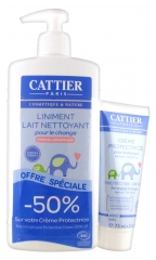 Cattier Bébé Liniment Lait Nettoyant pour le Change Hypoallergénique 500 ml + Crème Protectrice 75 ml