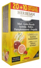 Herbesan Miel Gelée Royale Acérola Pollen Pamplemousse Propolis 20 Ampoules + 10 Offertes