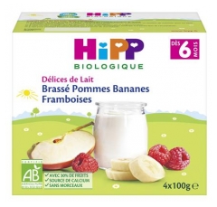 HiPP Délices de Lait Brassé Pommes Bananes Framboises dès 6 Mois Bio 4 Pots (à consommer de préférence avant fin 01/2021)