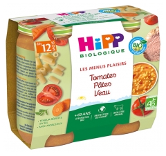 HiPP Les Menus Plaisirs Tomates Pâtes Veau dès 12 Mois Bio 2 Pots