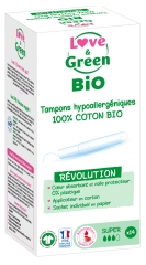Love & Green Hypoallergeeniset 100% Luomupuuvillaiset Super-tamponit, 14 kpl, applikaattorilla
