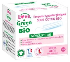 Love &amp; Green Tampons Hypoallergéniques 100% Coton Bio 16 Tampons Normal sans Applicateur